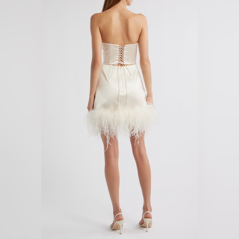 Delfi Collective-Feather Hem Strapless Satin Cocktail/Mini Dress XS Ivory